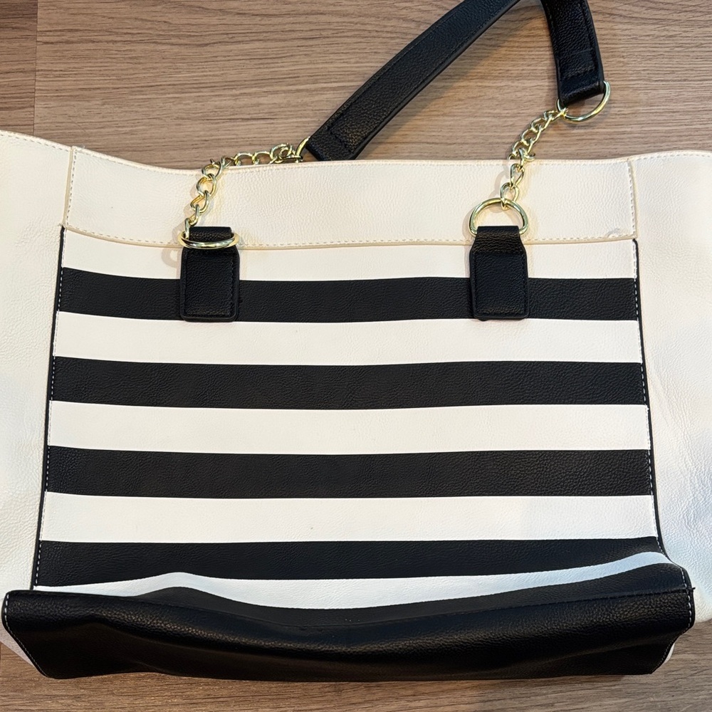 Betsey Johnson Cream and Black Striped Tote with Palm Tree Accents - Picture 3 of 6